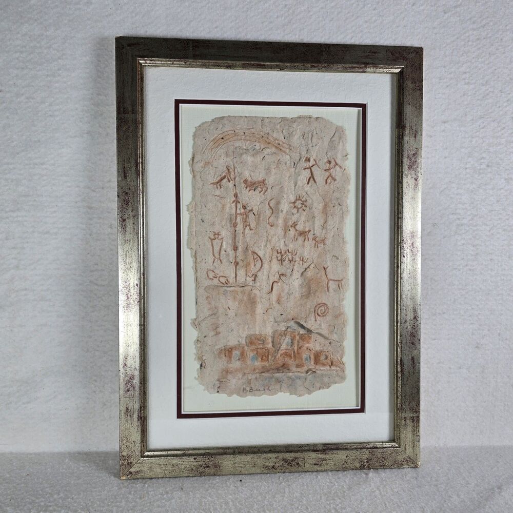 Framed Artwork Depicting Ancient Petroglyphs Clay Paper Southwestern 13.5x19 In